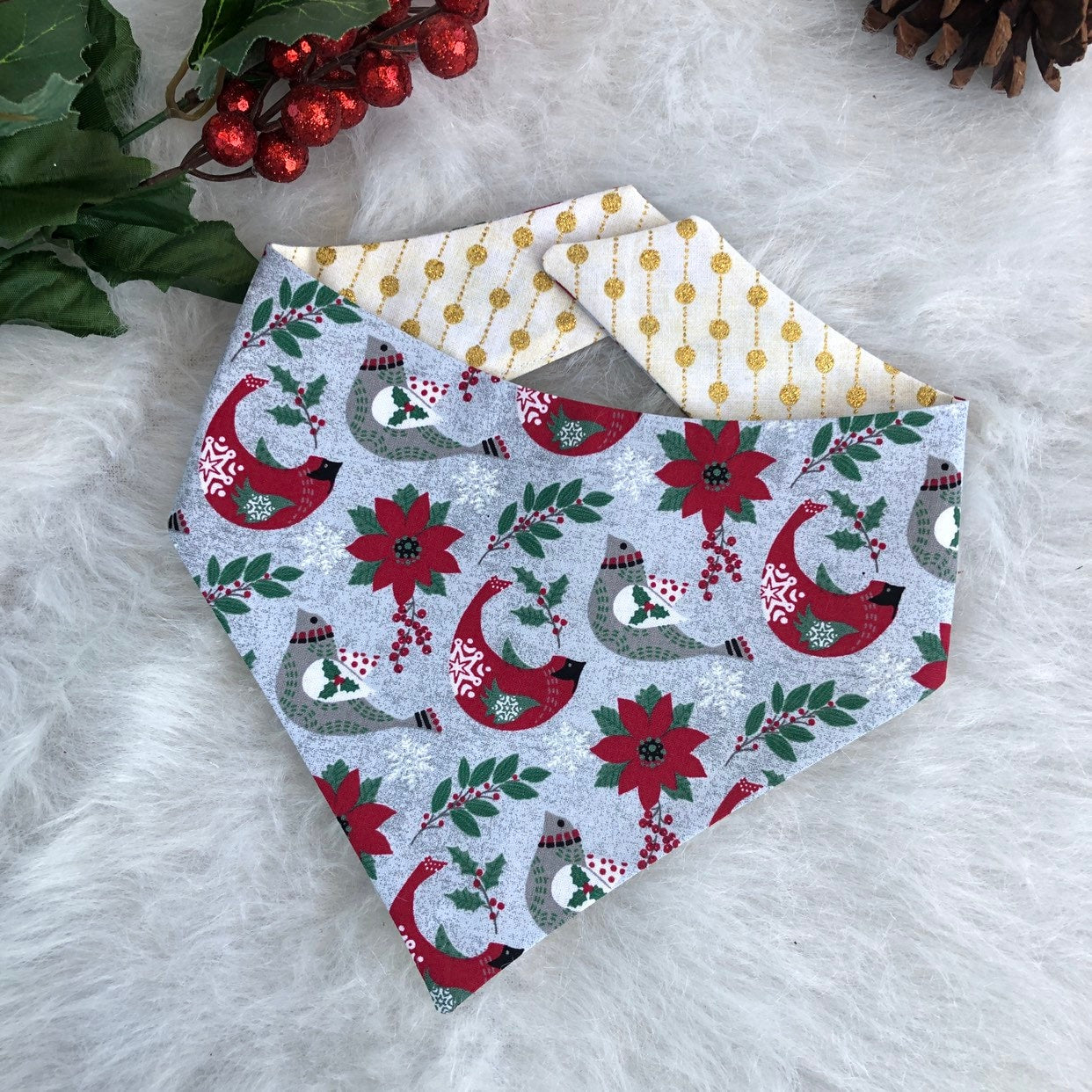 Reversible Christmas Cardinal Dog Bandana, Over the Collar
