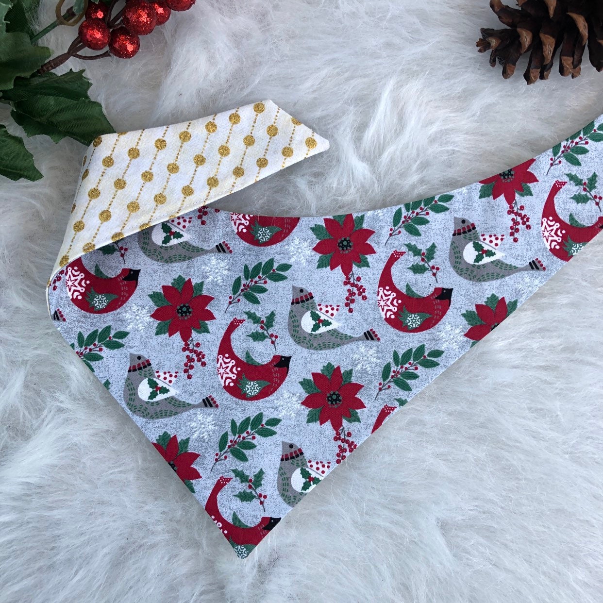 Reversible Christmas Cardinal Dog Bandana, Over the Collar