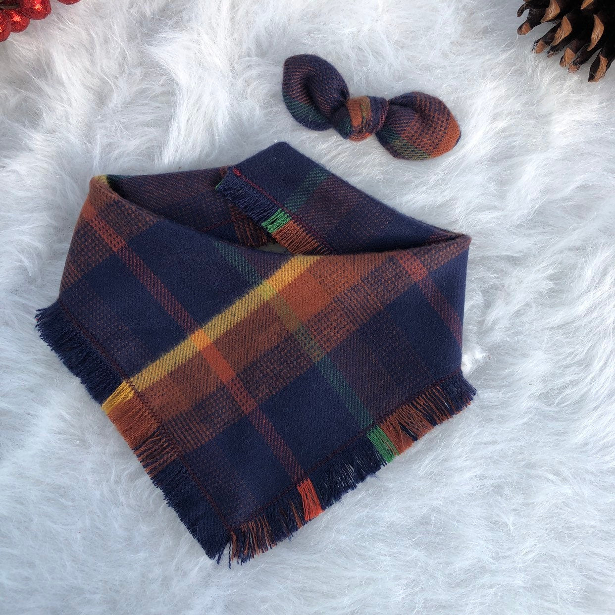 Frayed Plaid Dog Bandana, Reversible Snap Pet Scarf