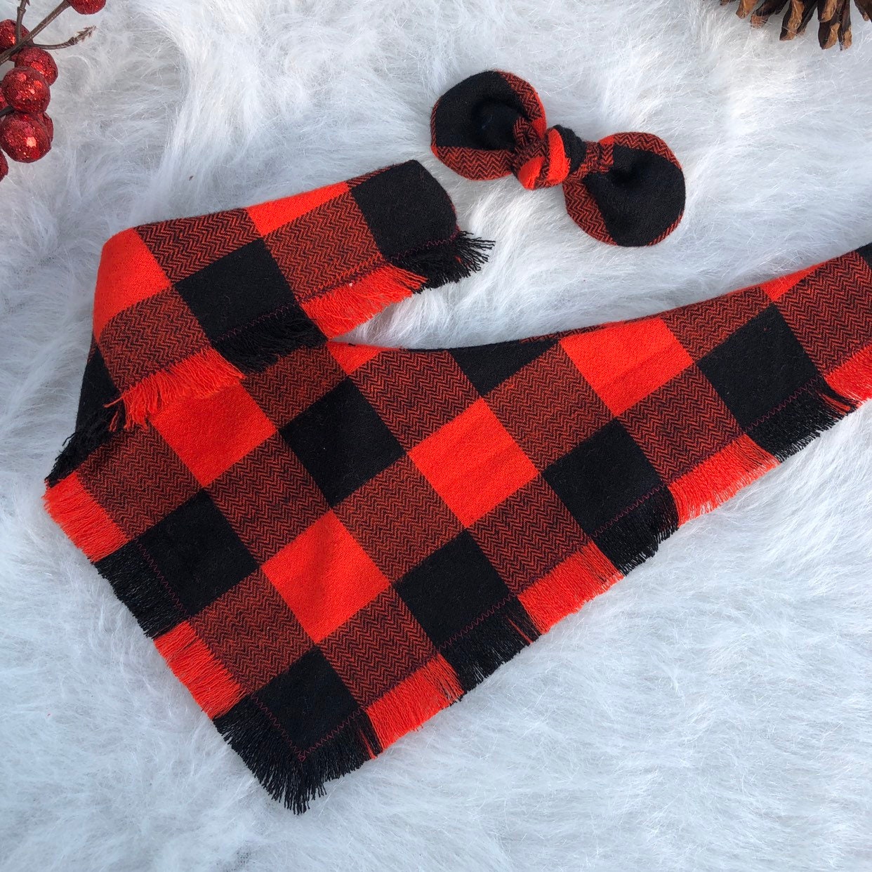 Frayed Plaid Dog Bandana, Reversible Snap Pet Scarf