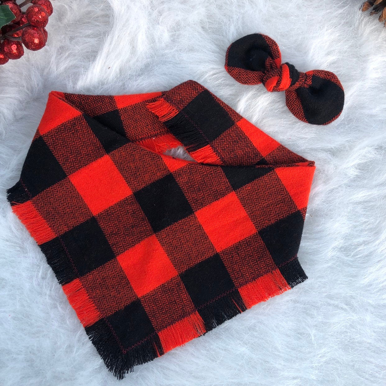 Frayed Plaid Dog Bandana, Reversible Snap Pet Scarf