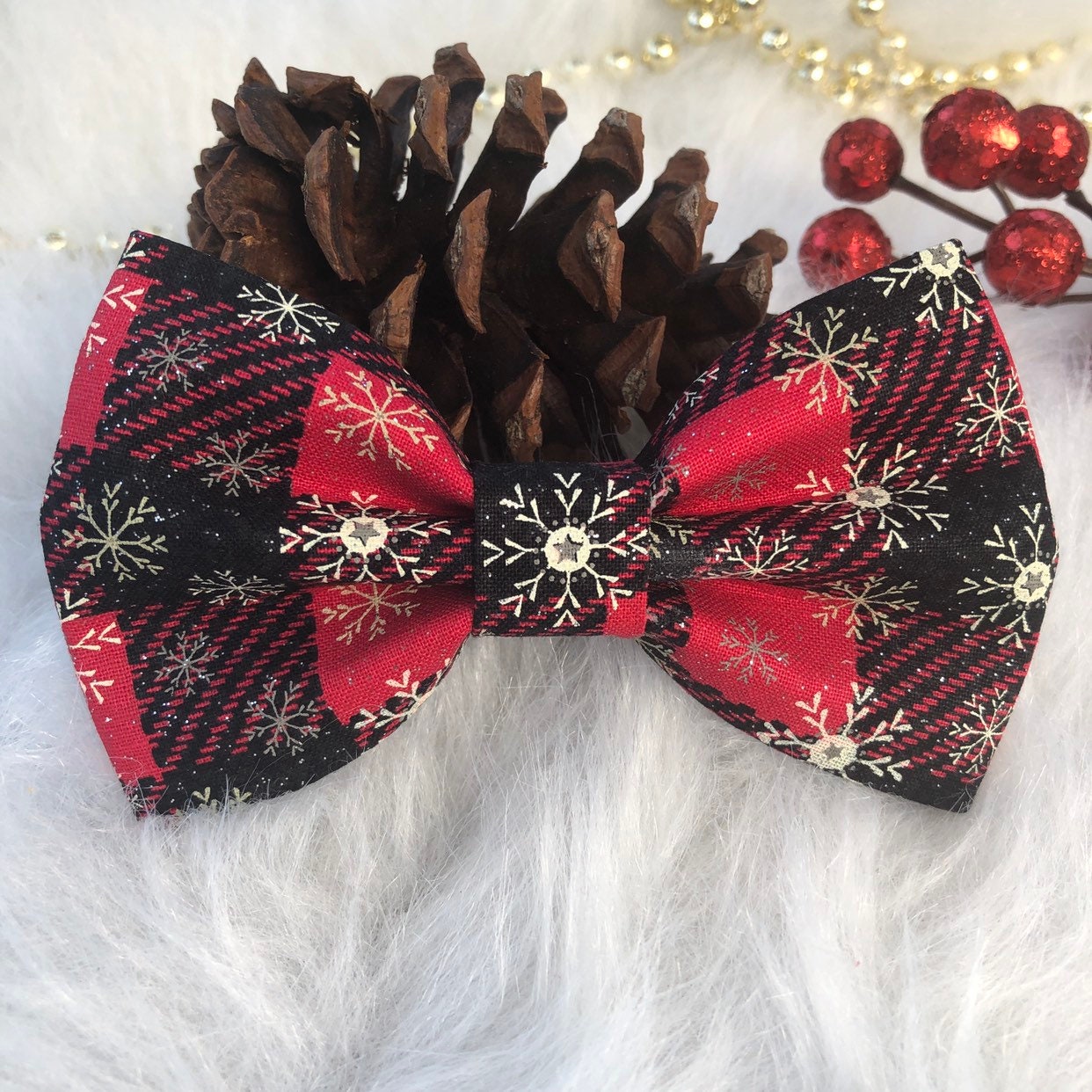 Red Plaid Glitter Dog Bowtie, Christmas Pet Collar Accessory