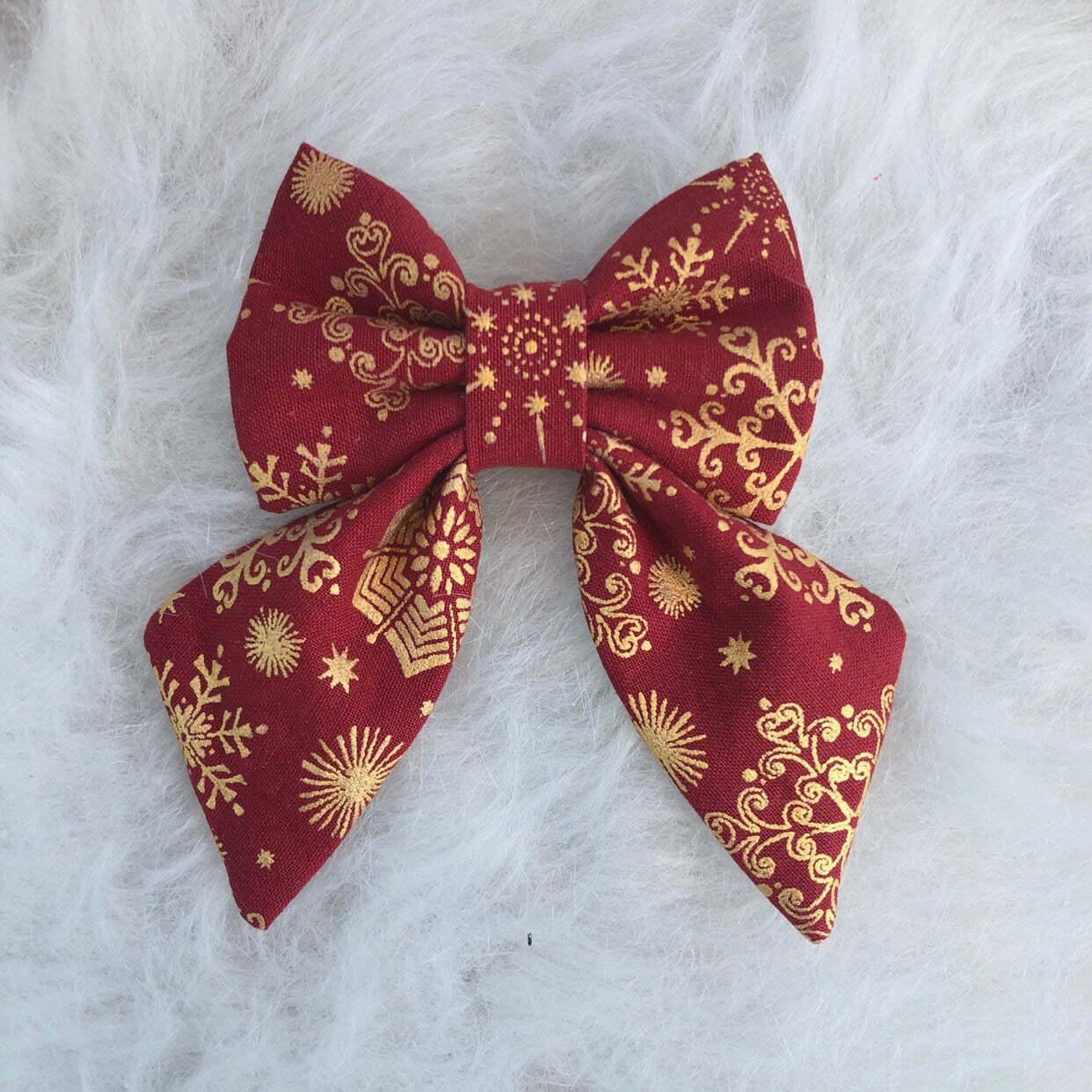 Red and Gold Winter Snowflake Dog Bow Tie