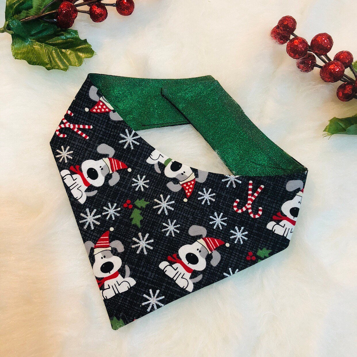 Reversible Christmas Dog Bandana, Over the Collar, Holiday Puppy Bandana