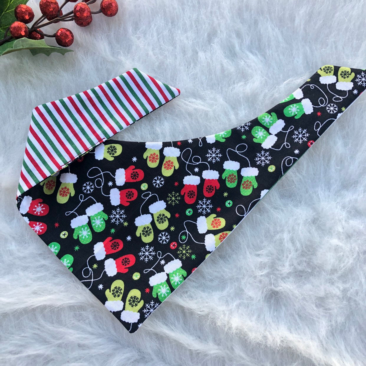 Christmas Mittens Dog Bandana, Reversible Over-the-Collar, Holiday