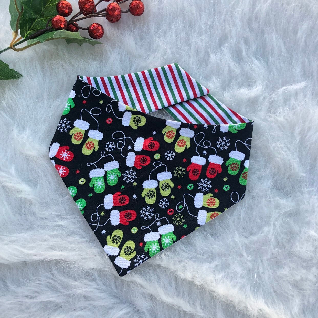 Christmas Mittens Dog Bandana, Reversible Over-the-Collar, Holiday
