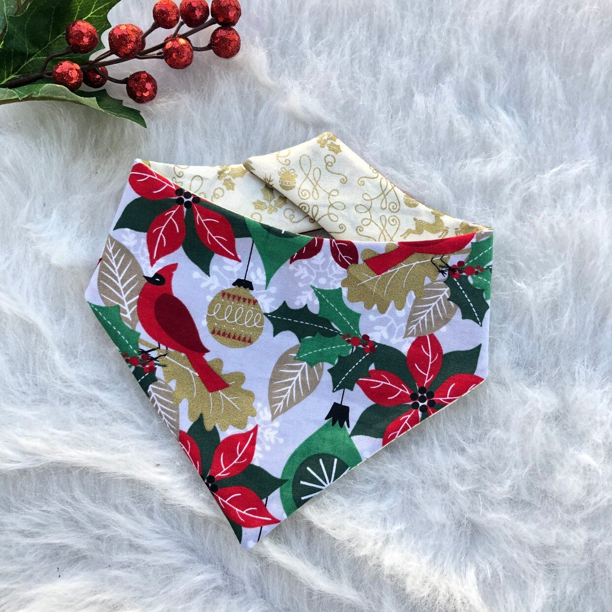 Reversible Christmas Dog Bandana, Cardinals Ornaments, Over the Collar