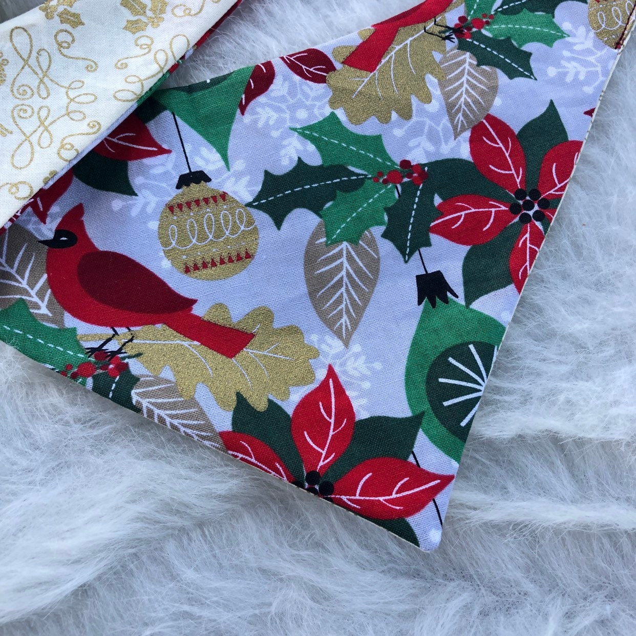 Reversible Christmas Dog Bandana, Cardinals Ornaments, Over the Collar