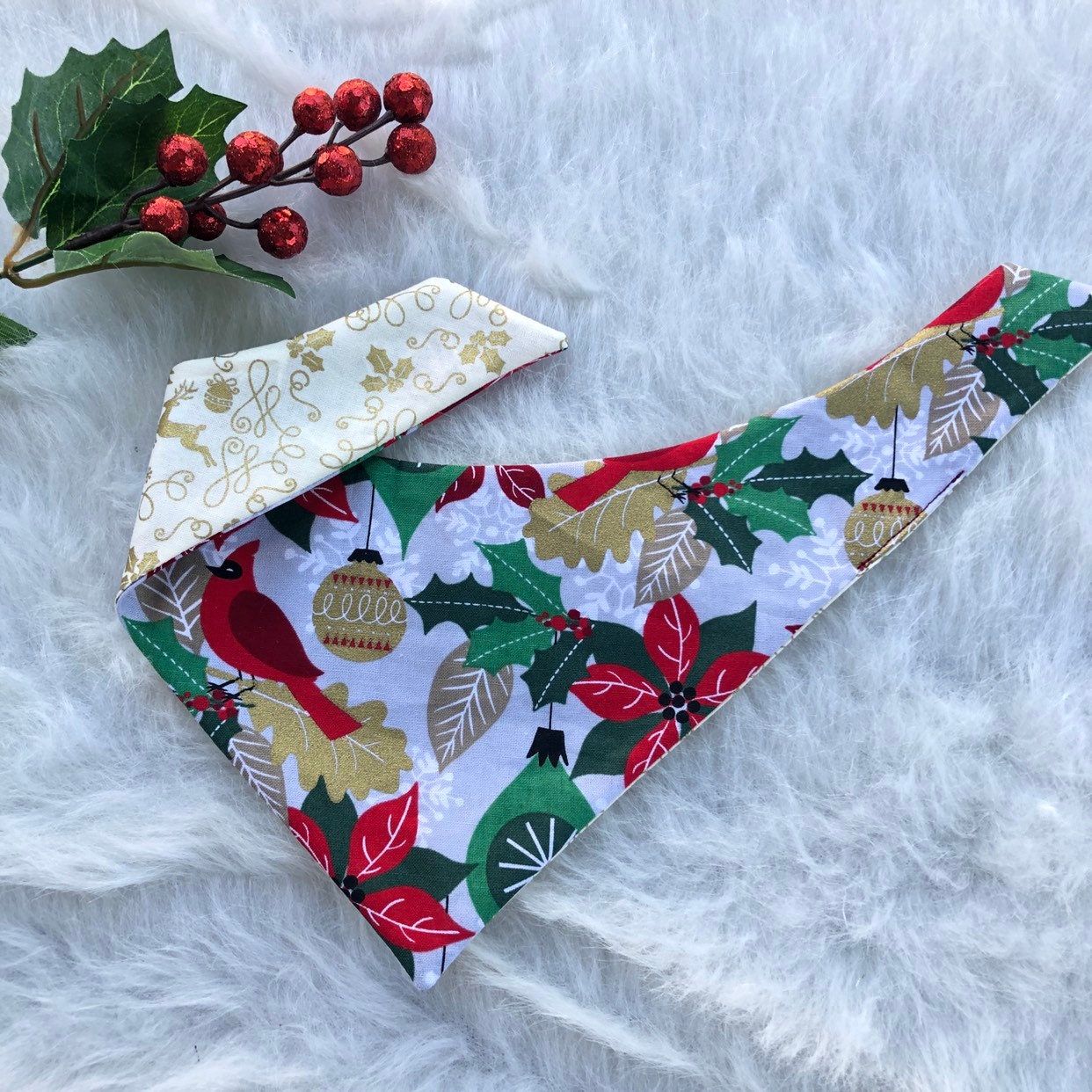 Reversible Christmas Dog Bandana, Cardinals Ornaments, Over the Collar