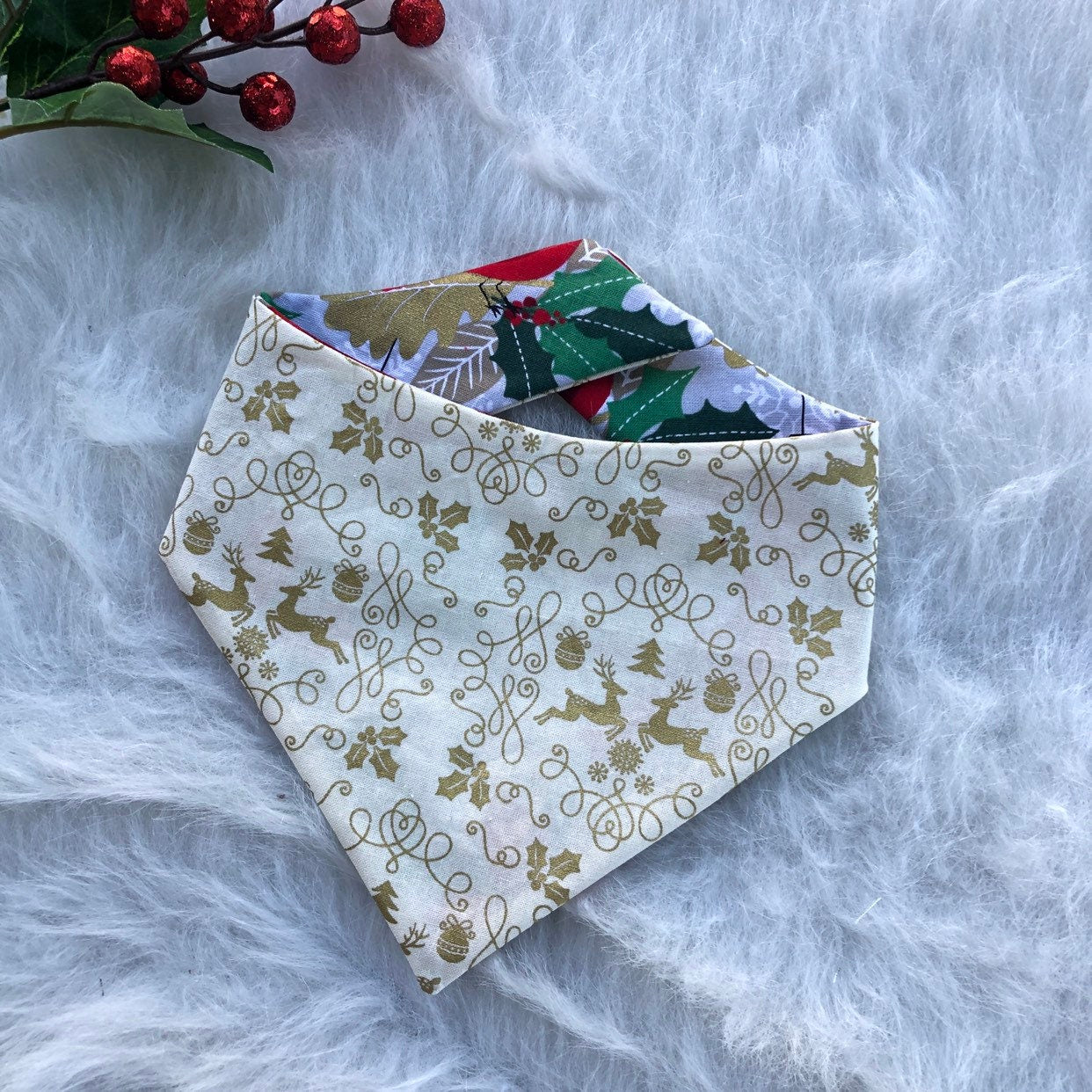 Reversible Christmas Dog Bandana, Cardinals Ornaments, Over the Collar