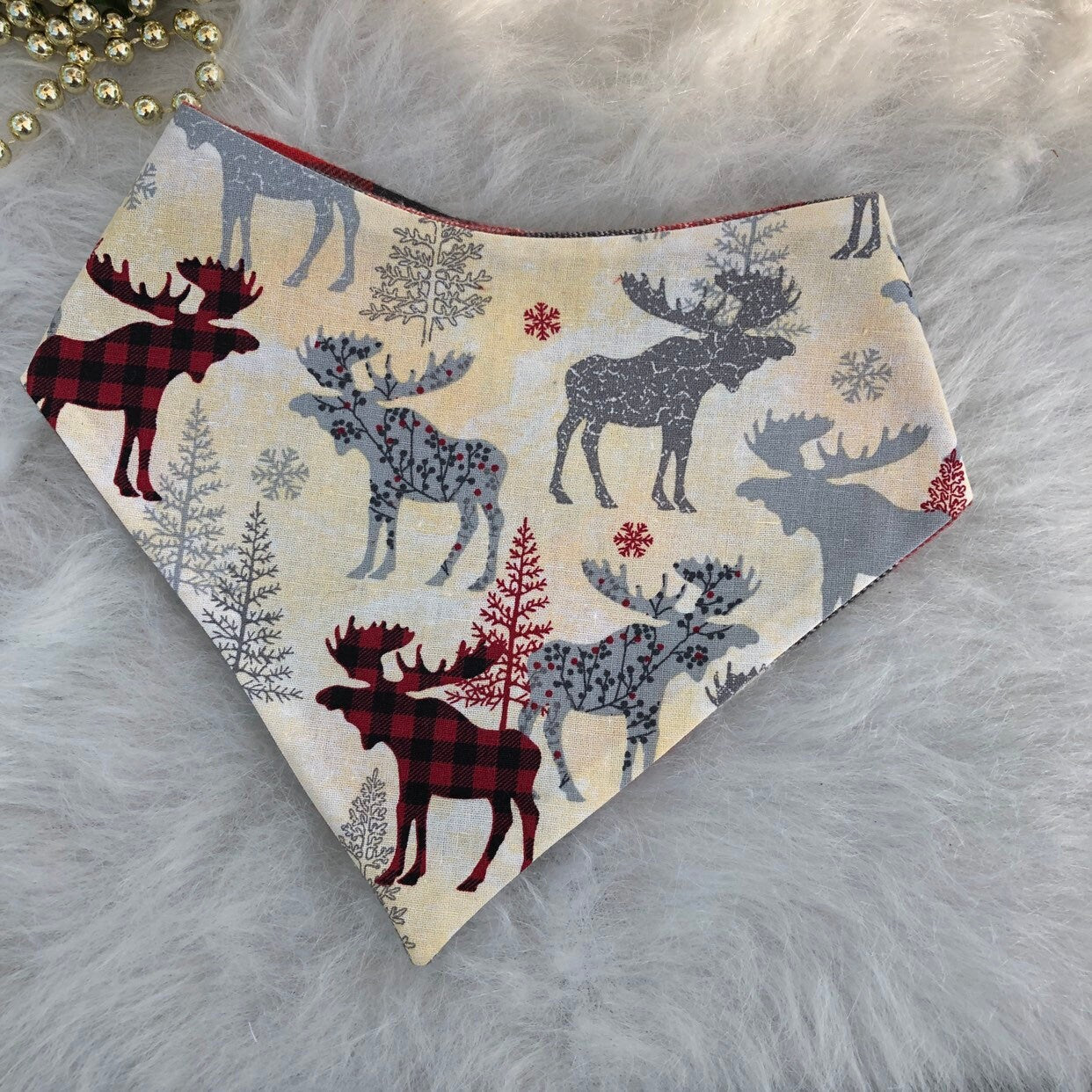 New! Christmas Dog Bandana, buffalo moose, Reversible dog Bandana, dog bandana, puppy dog bandana, over the collar, tie on bandana