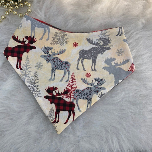 New! Christmas Dog Bandana, buffalo moose, Reversible dog Bandana, dog bandana, puppy dog bandana, over the collar, tie on bandana