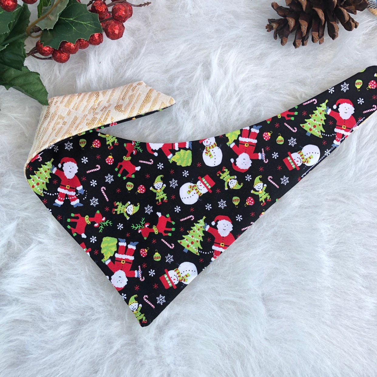 New! Santa claus Dog Bandana, Reversible dog Bandana, fall dog bandana, puppy dog bandana, over the collar, tie on bandana, christmas