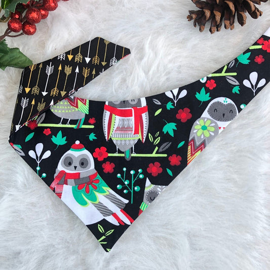 Reversible Christmas Owl Dog Bandana, Holiday Winter Pet Bandana