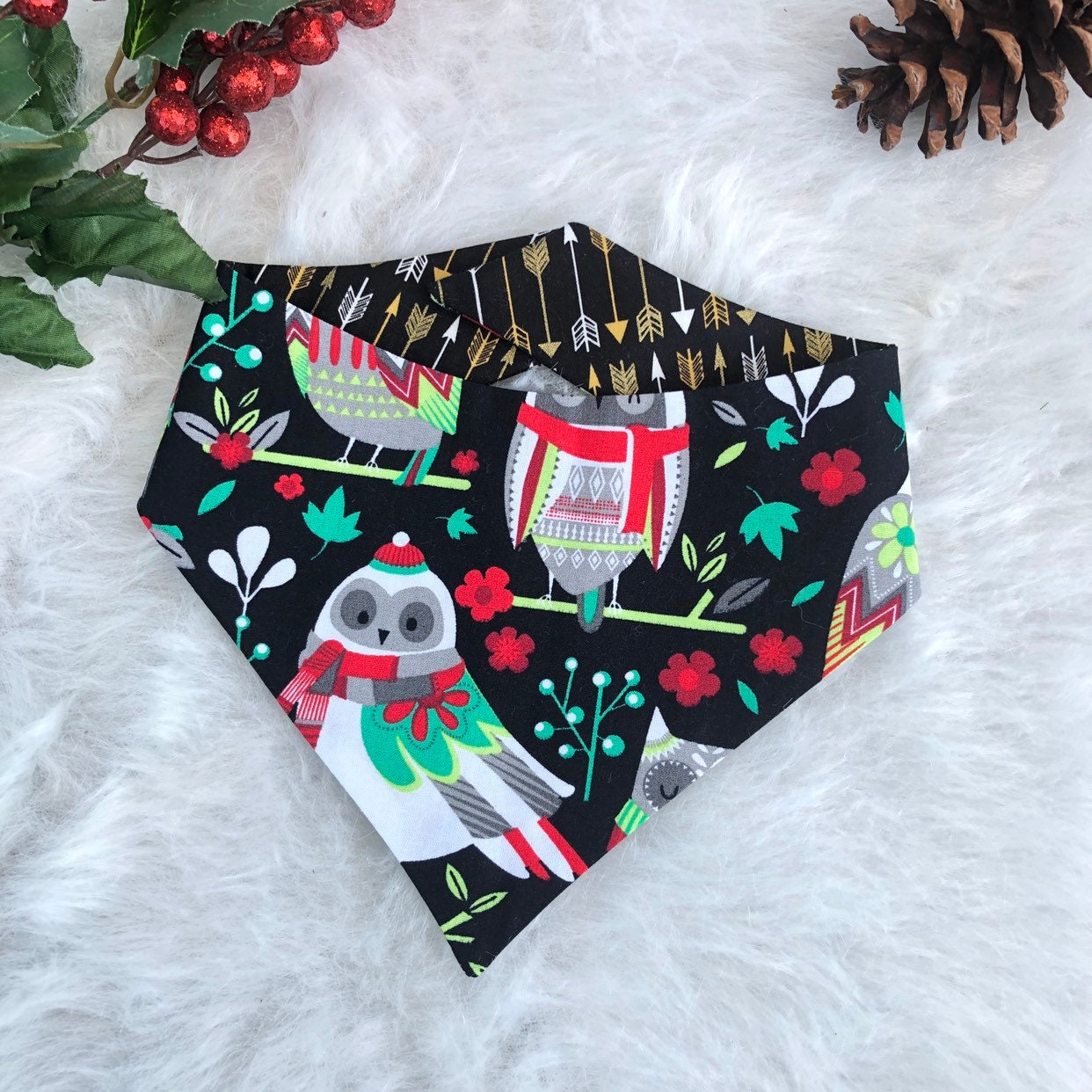 Reversible Christmas Owl Dog Bandana, Holiday Winter Pet Bandana