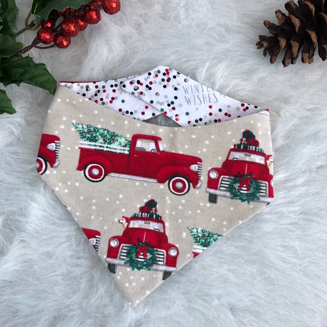New! red truck Christmas tree Dog Bandana, Reversible dog Bandana, fall dog bandana, puppy dog bandana, over the collar, tie on bandanas