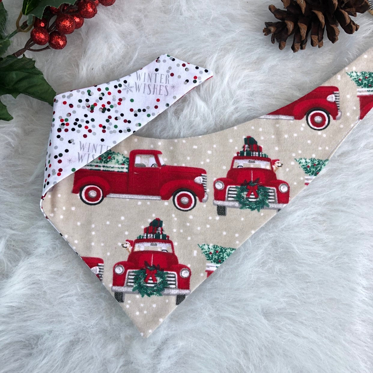 New! red truck Christmas tree Dog Bandana, Reversible dog Bandana, fall dog bandana, puppy dog bandana, over the collar, tie on bandanas