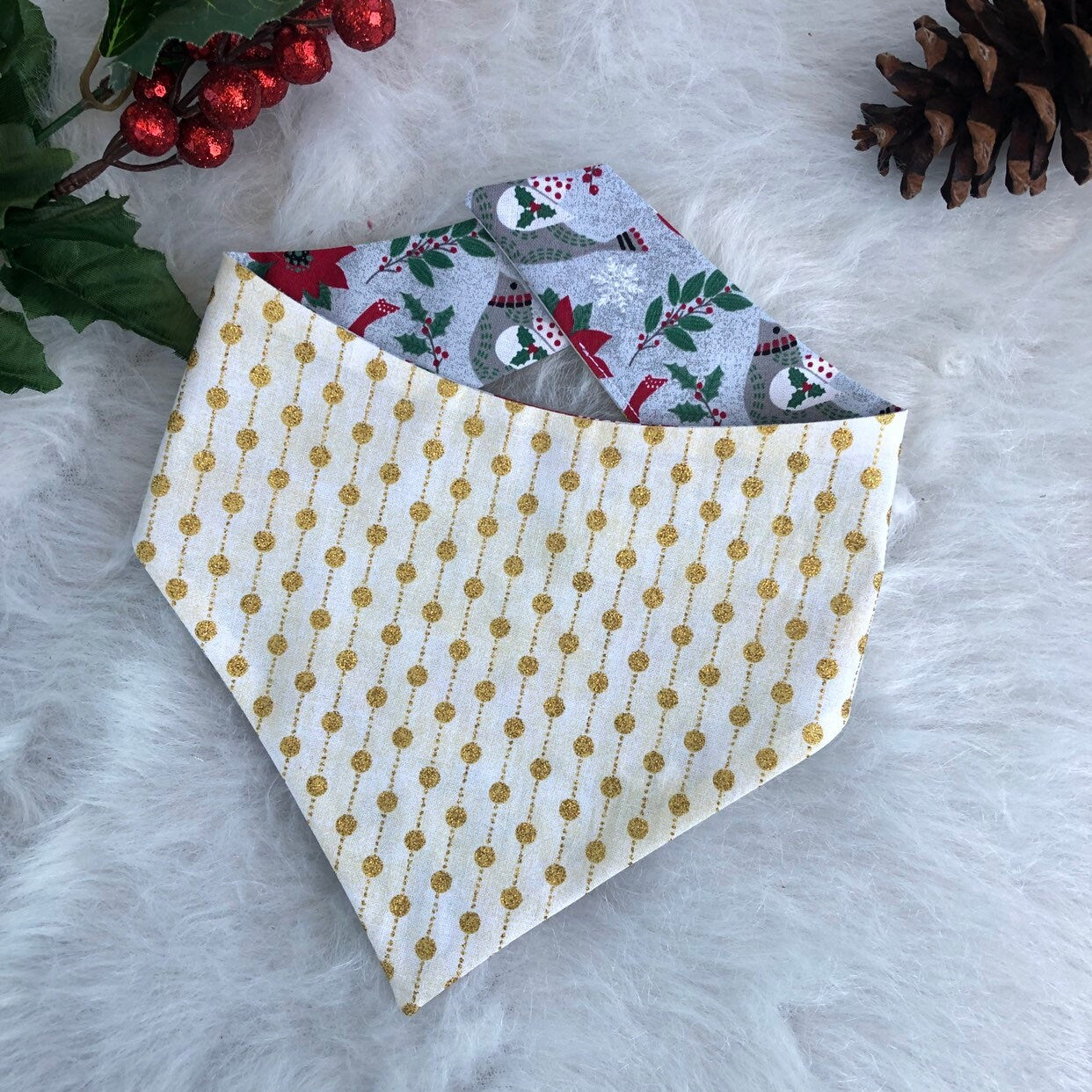 Reversible Christmas Cardinal Dog Bandana, Over the Collar