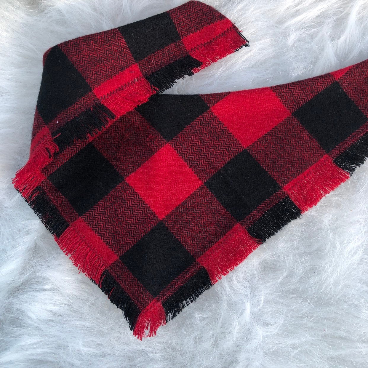 Frayed Buffalo Plaid Dog Bandana, Reversible Snap Pet Scarf