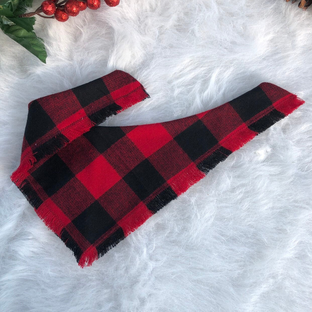 Frayed Buffalo Plaid Dog Bandana, Reversible Snap Pet Scarf