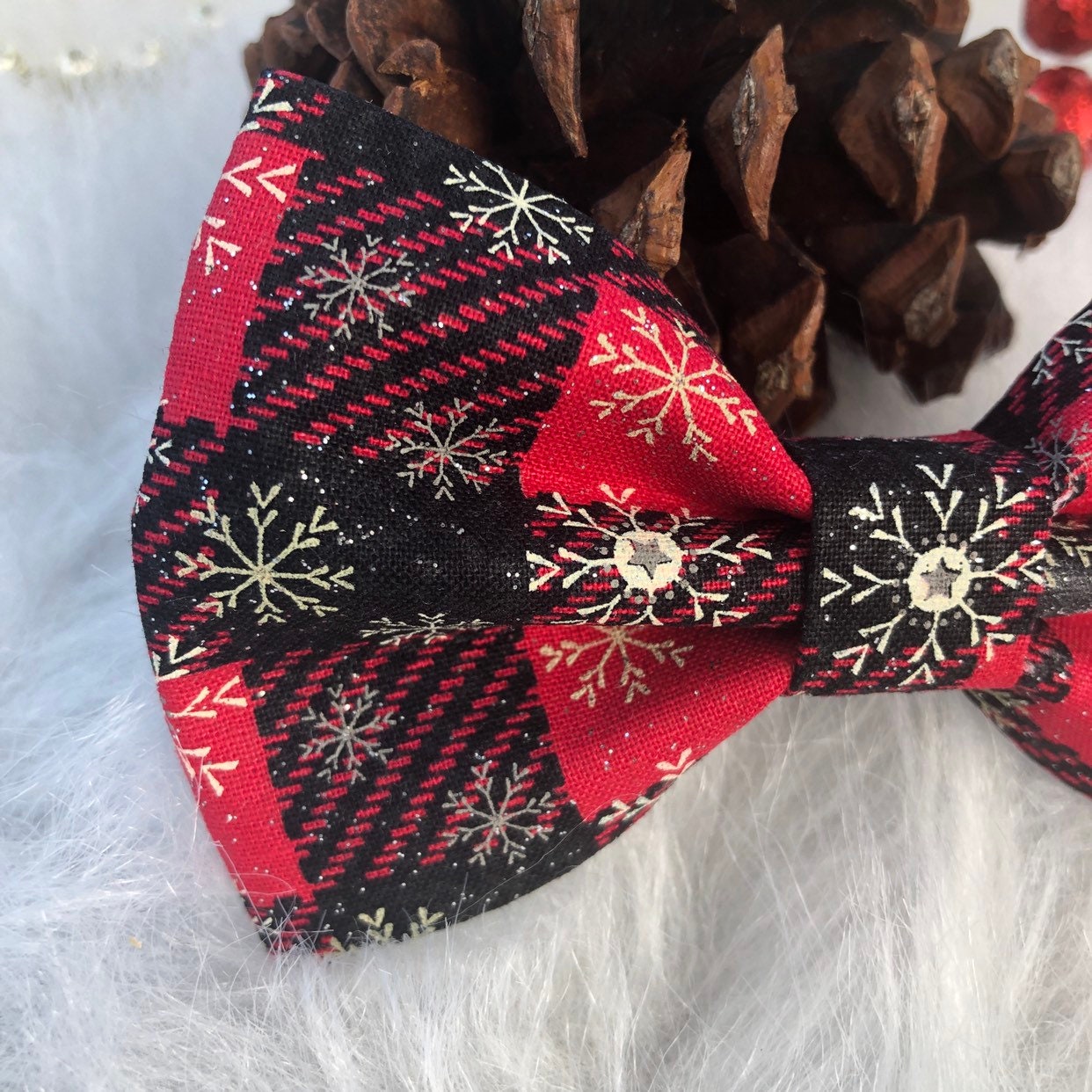 Red Plaid Glitter Dog Bowtie, Christmas Pet Collar Accessory