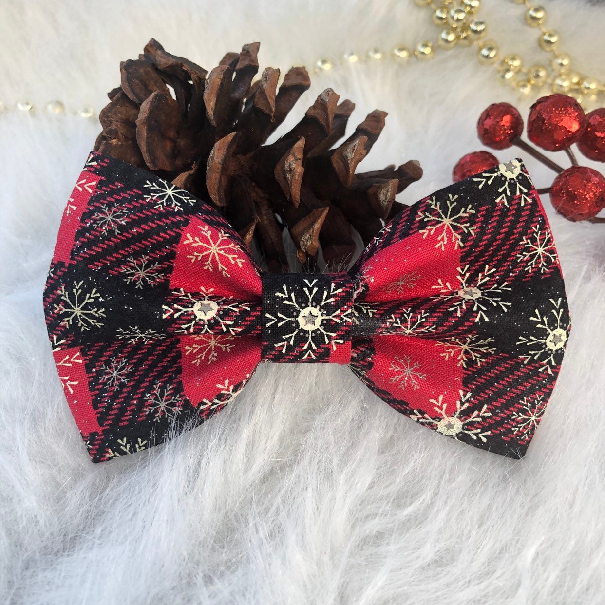 Red Plaid Glitter Dog Bowtie, Christmas Pet Collar Accessory
