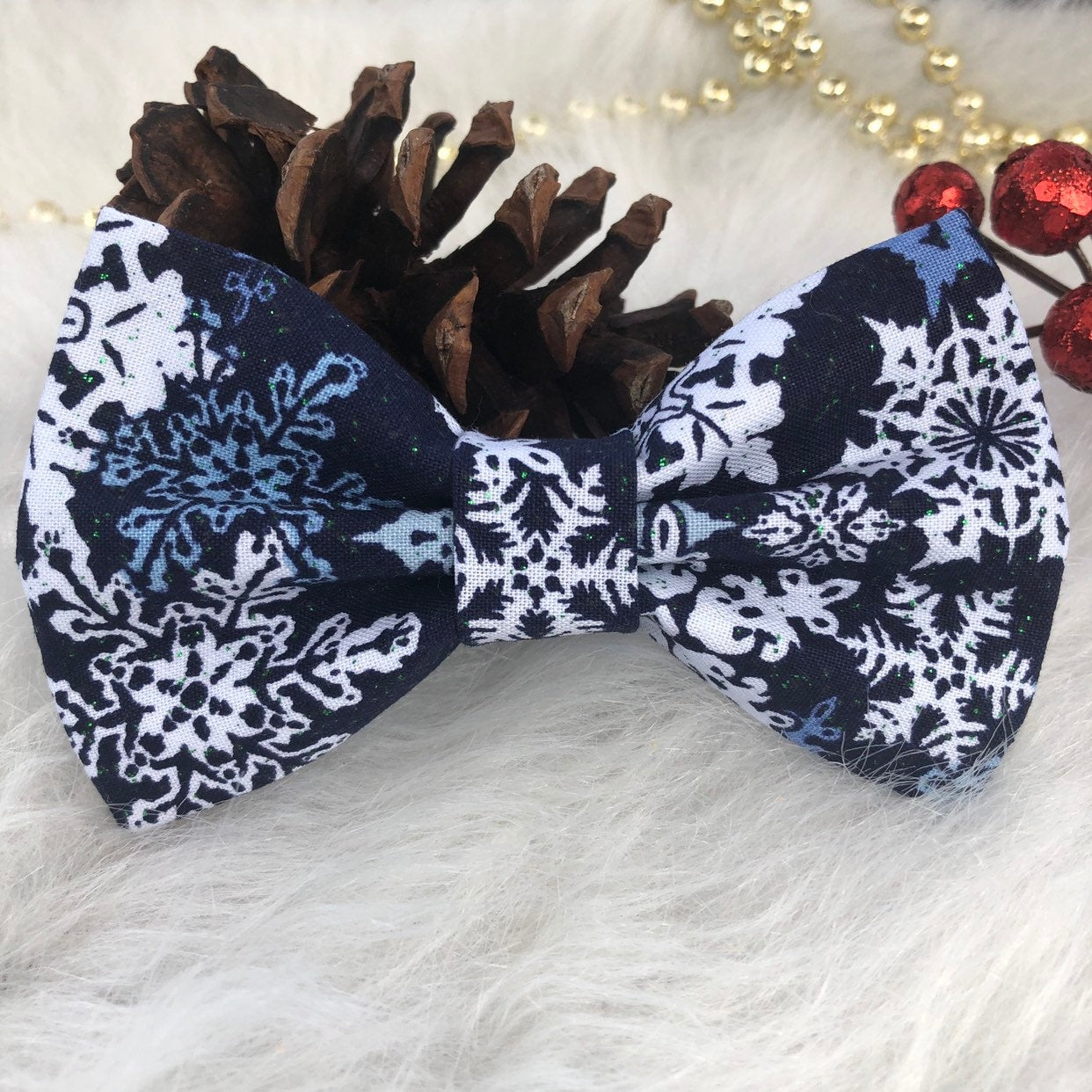 Christmas Snowflake Dog Bow Tie, Holiday Pet Collar Accessory