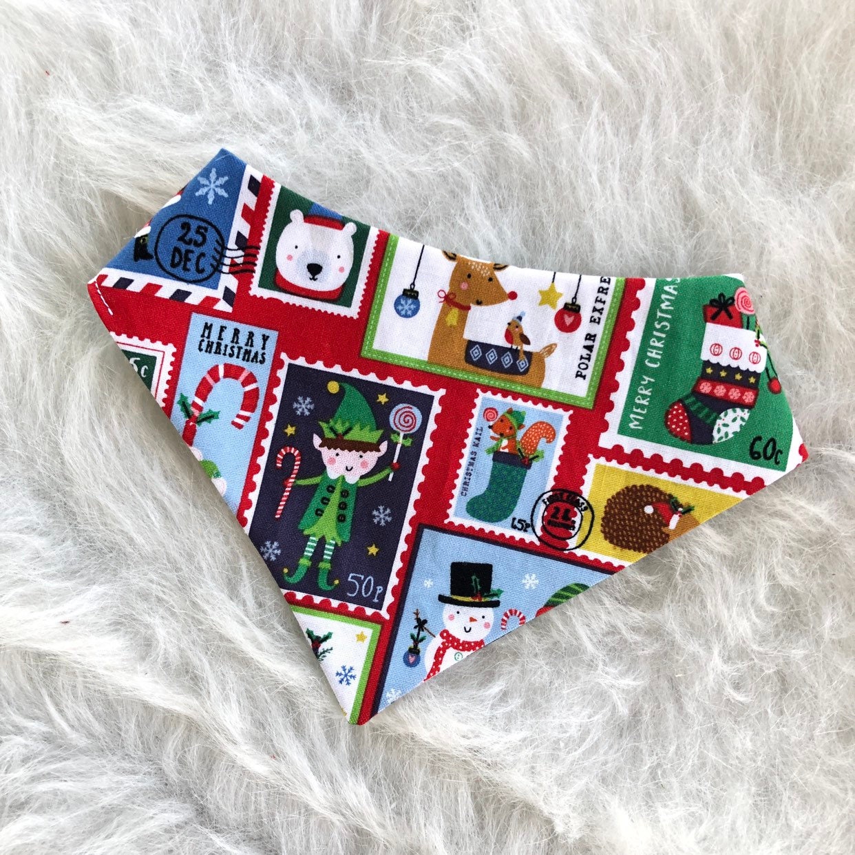 Christmas Dog Bandana, Reversible Holiday Pet Scarf, Snaps or Tie On