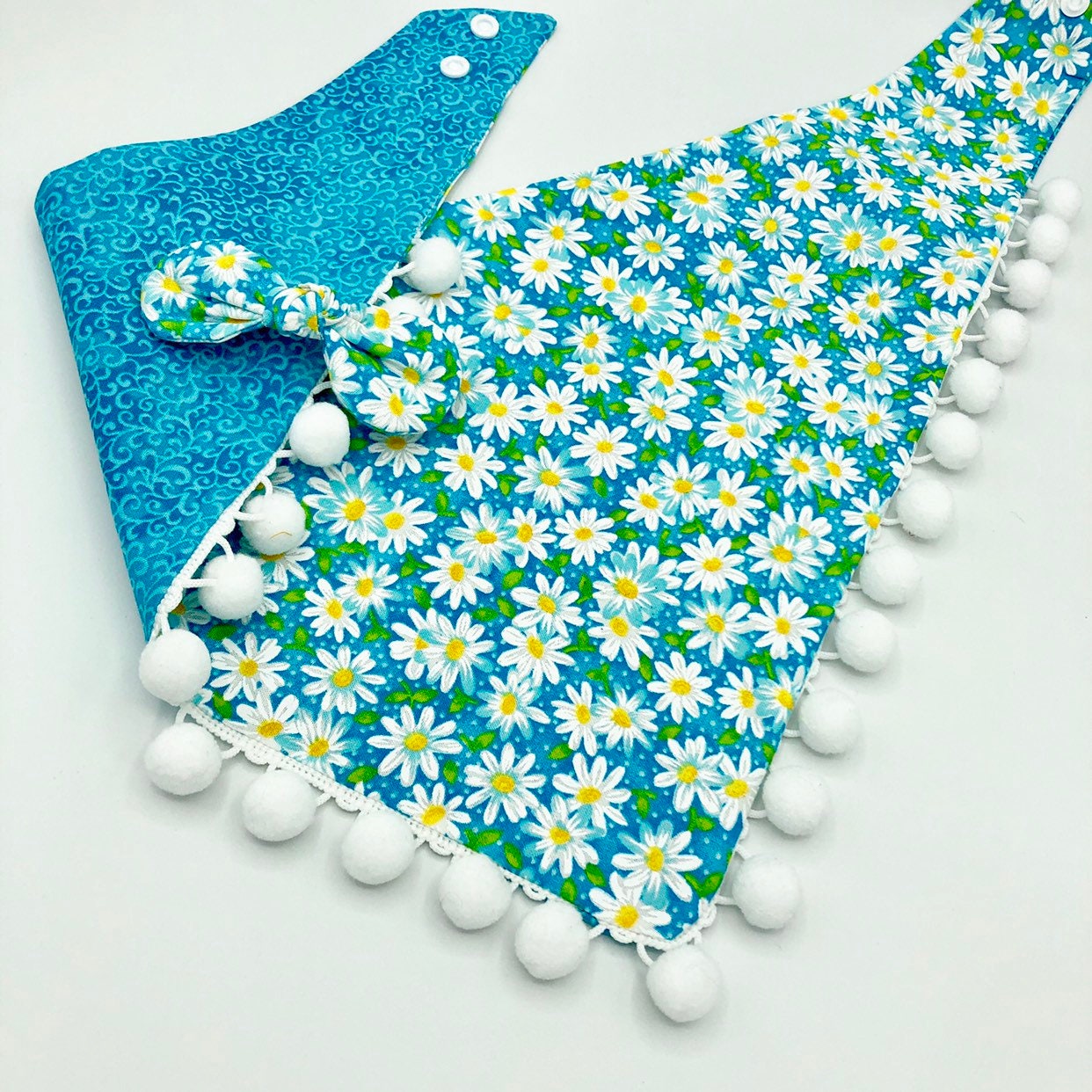 New! Daisy Flower Teal Dog Bandana, Pet Scarf, snaps on, tie on, Season bandana, Tassel bandana, pom pom bandana, pet bandana