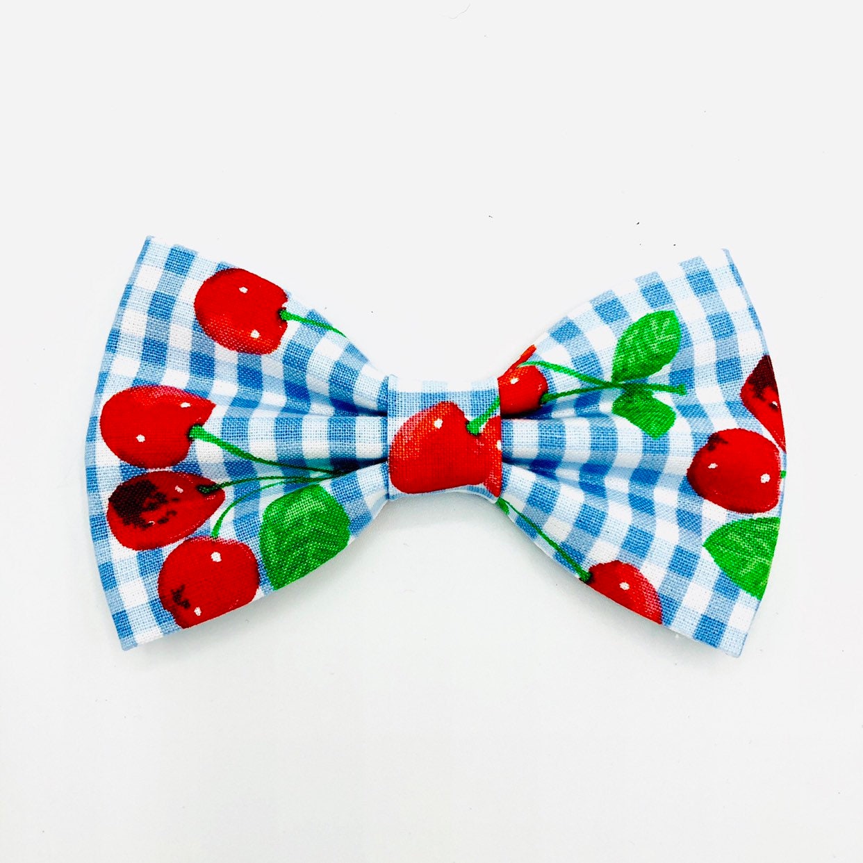 Blue Gingham Dog Bowtie, Cherries Pattern, Pet Collar Accessory