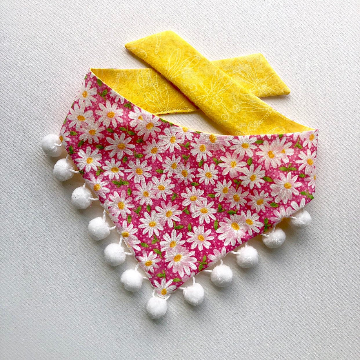 Pink Daisy Flower, Dog Bandana, Pet Scarf, snaps on, tie on, Season bandana, Tassel bandana, pom pom bandana, pet bandana