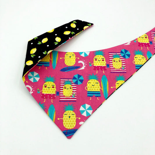 Reversible Pineapple Dog Bandana, Beach Pet Scarf, Snaps or Tie On