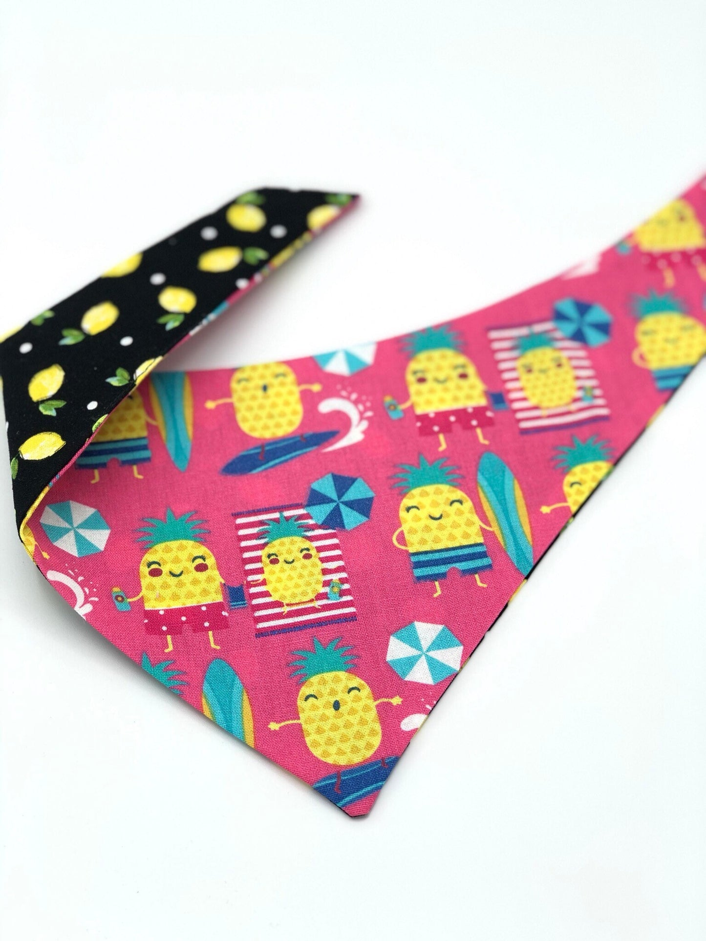 Reversible Pineapple Dog Bandana, Beach Pet Scarf, Snaps or Tie On