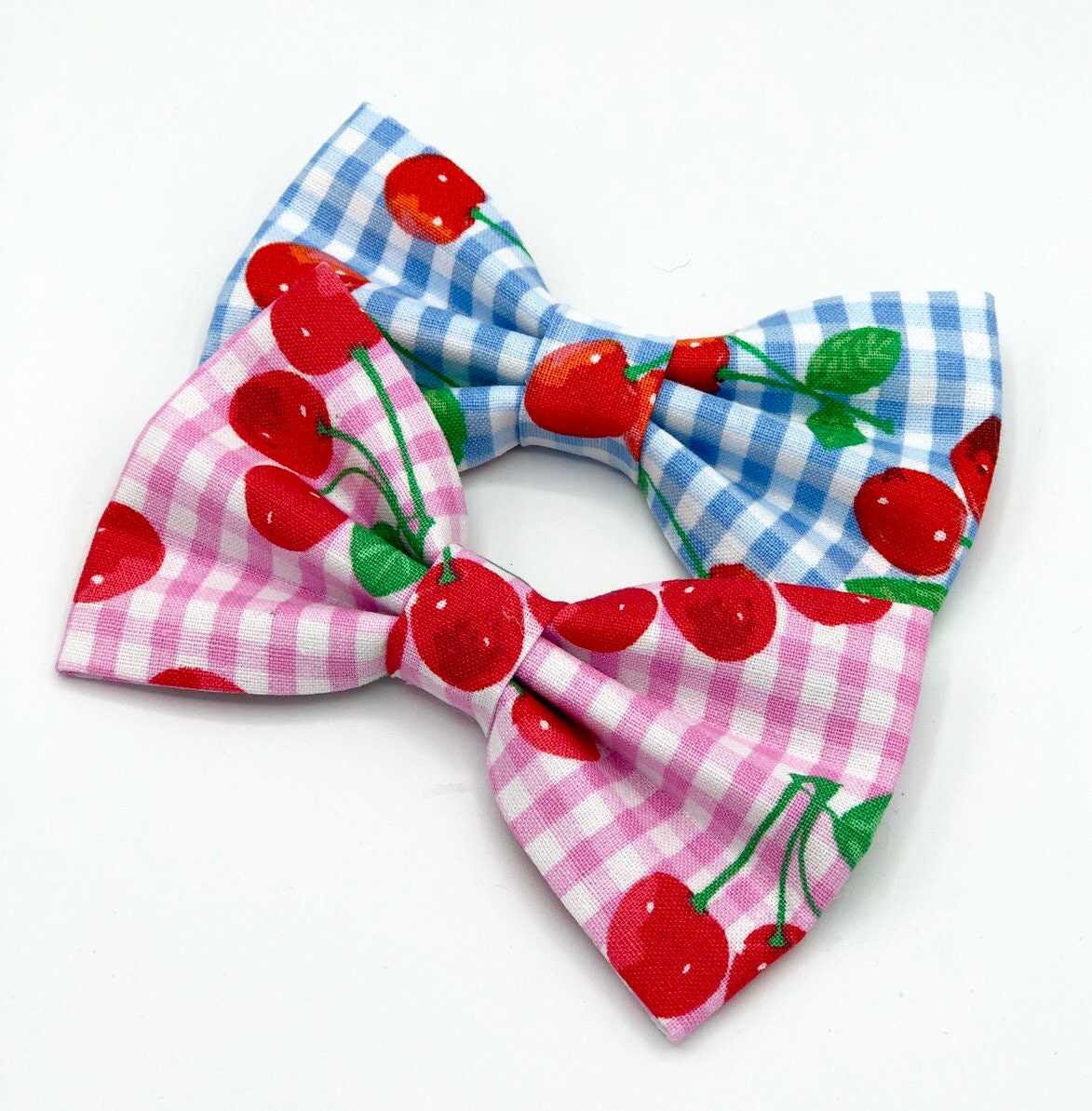 Blue Gingham Dog Bowtie, Cherries Pattern, Pet Collar Accessory