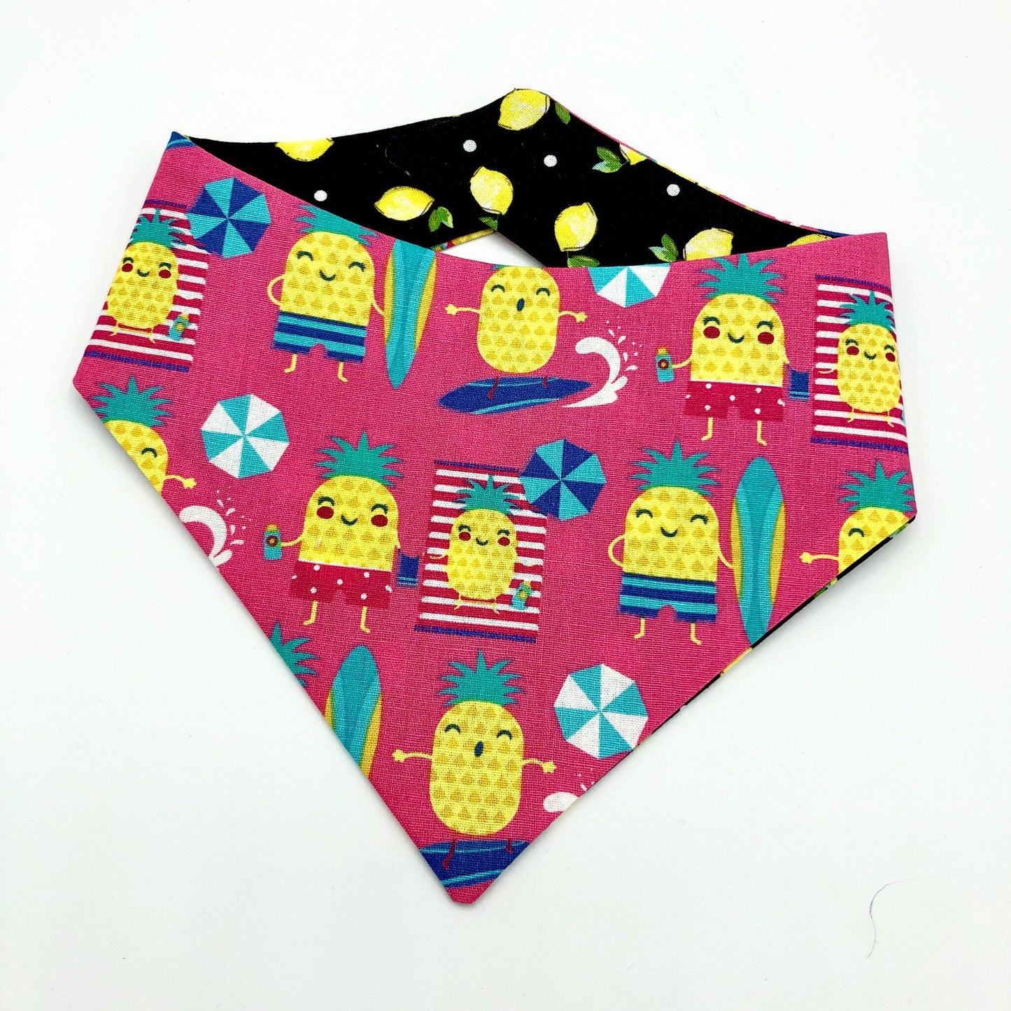 Reversible Pineapple Dog Bandana, Beach Pet Scarf, Snaps or Tie On