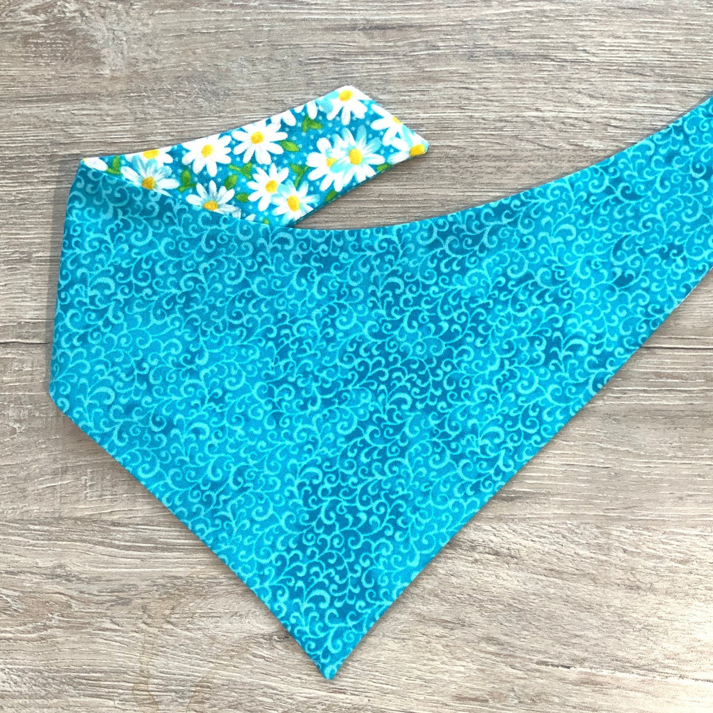 New! Daisy Flower Teal Dog Bandana, Pet Scarf, snaps on, tie on, Season bandana, Tassel bandana, pom pom bandana, pet bandana