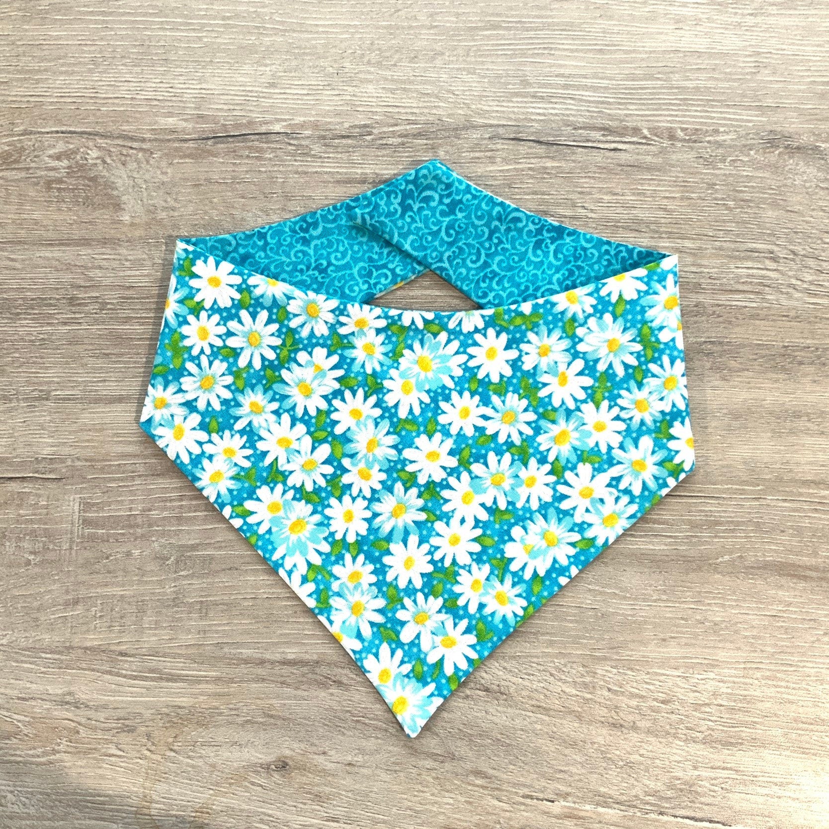 New! Daisy Flower Teal Dog Bandana, Pet Scarf, snaps on, tie on, Season bandana, Tassel bandana, pom pom bandana, pet bandana