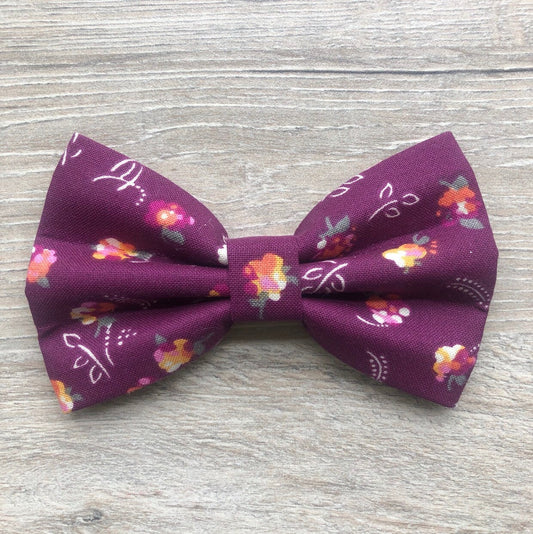 Floral Burgundy Dog Bowtie, Handmade Pet Collar Accessory