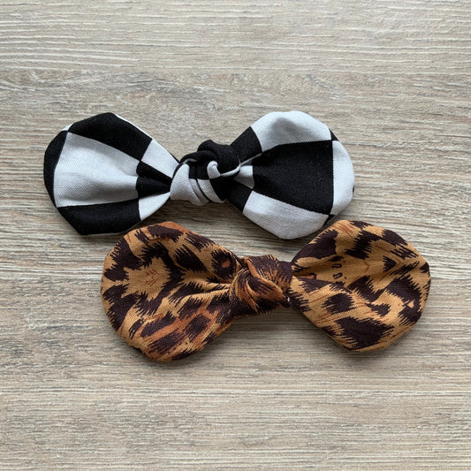 Checkered & Leopard Dog Bow Clip, Handmade Cotton Hair Accessory