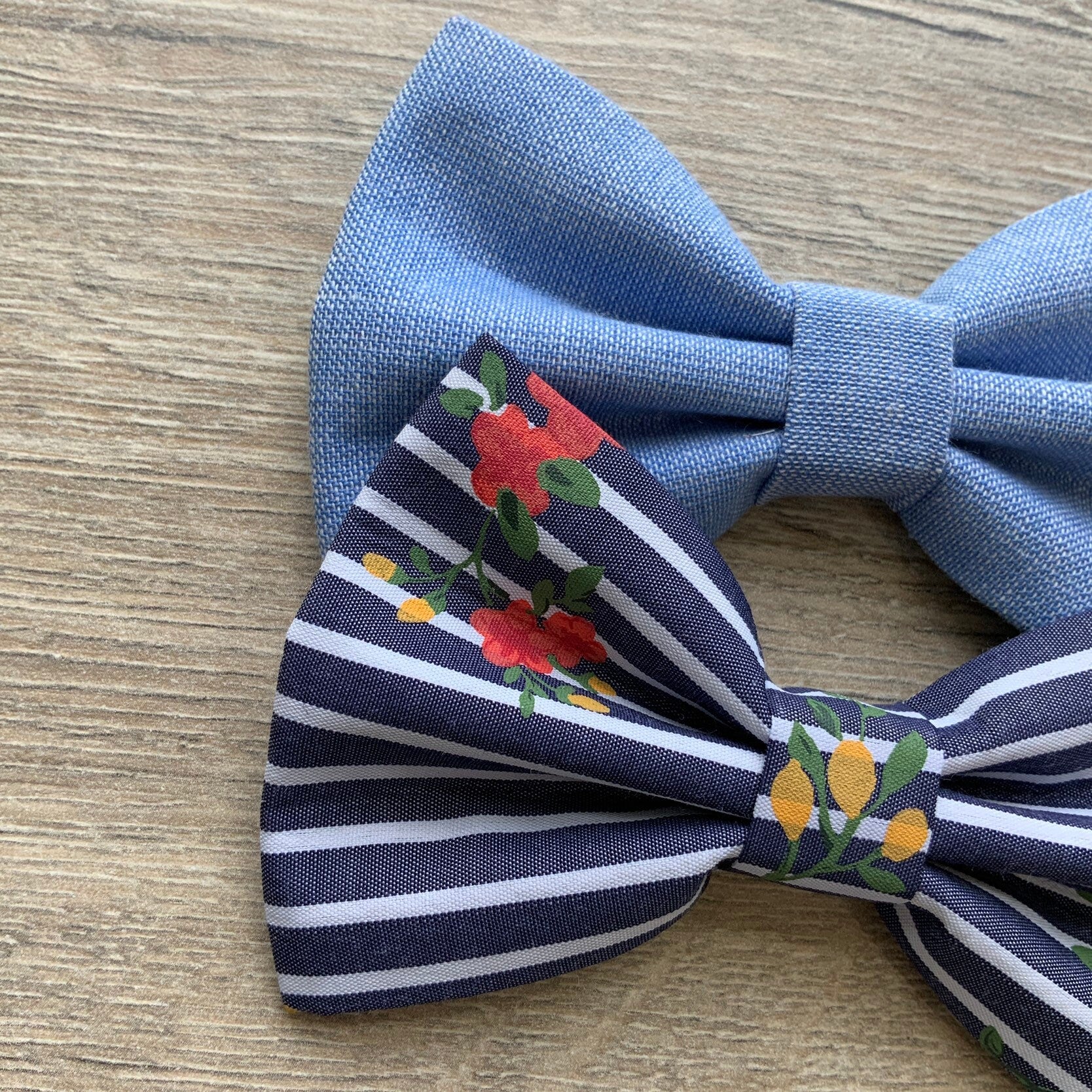 Denim and Navy Striped Dog Bowtie, Checks Pet Collar Accessory