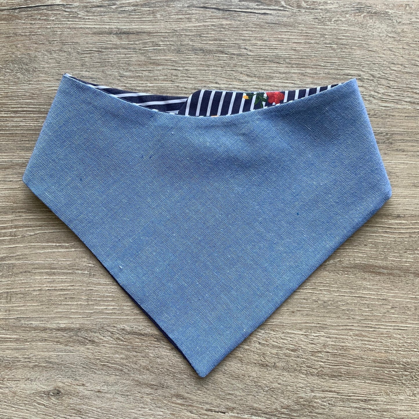 Denim Blue Striped Dog Bandana, Floral Pet Scarf, Reversible Tie or Snap