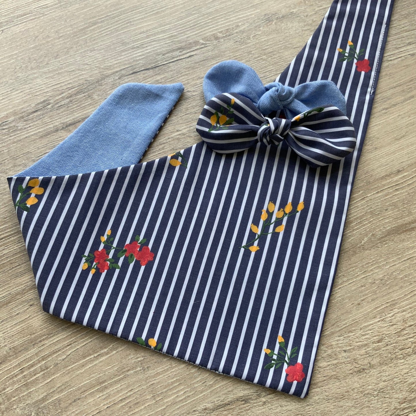 Denim Blue Striped Dog Bandana, Floral Pet Scarf, Reversible Tie or Snap