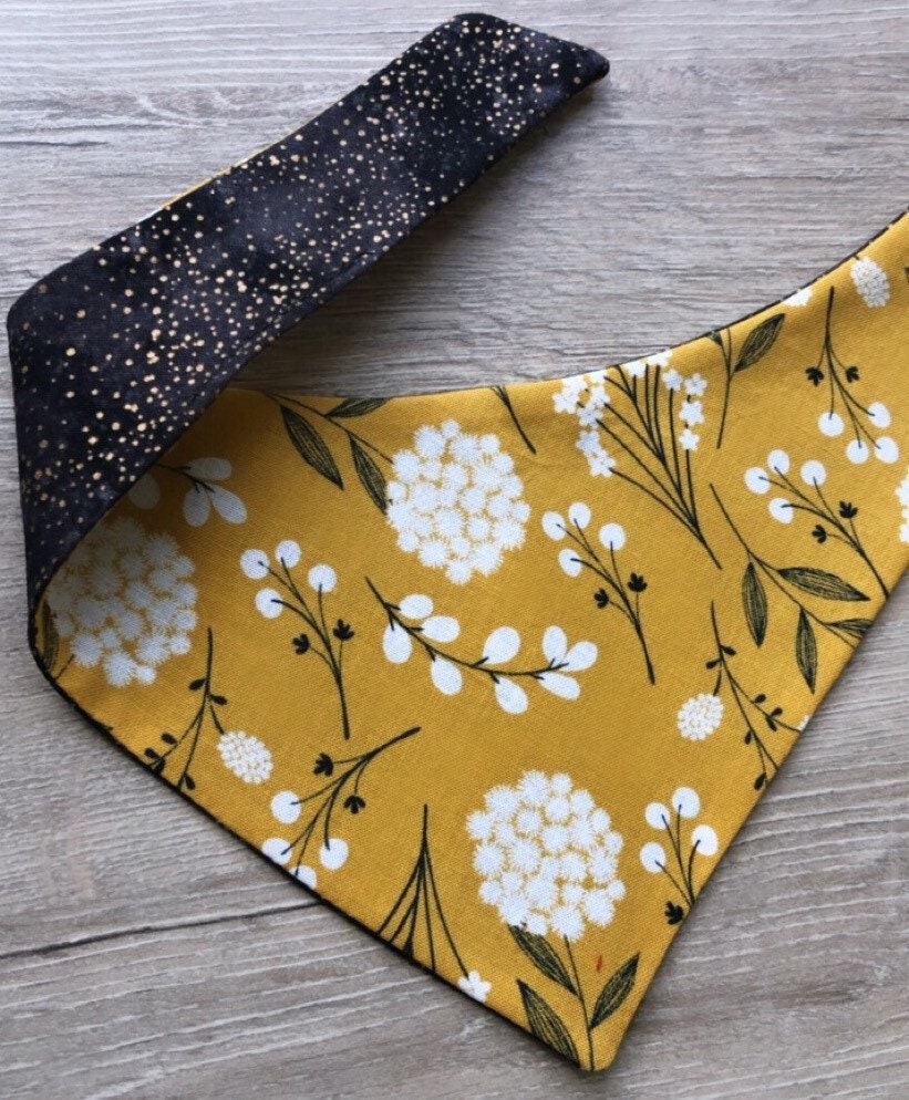 Reversible Mustard Floral Dog Bandana, Over The Collar or Tie On
