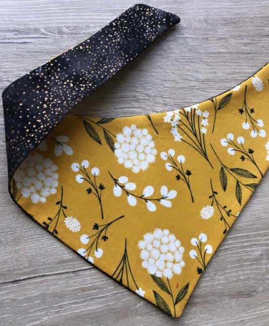 Reversible Mustard Floral Dog Bandana, Over The Collar or Tie On