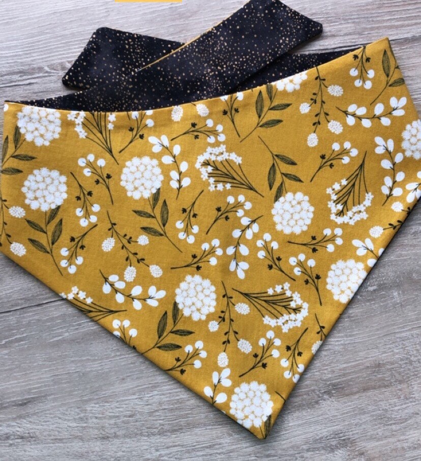 Reversible Mustard Floral Dog Bandana, Over The Collar or Tie On