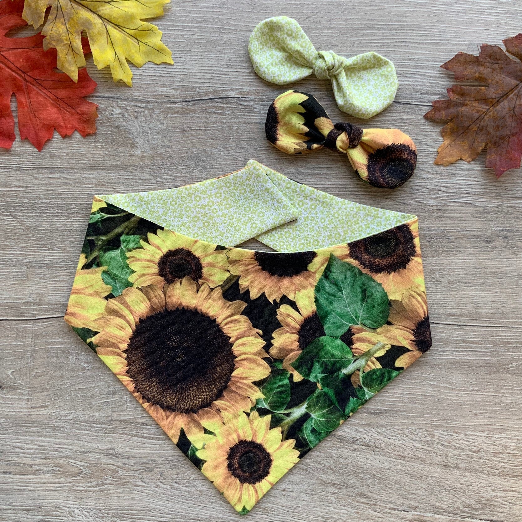 Sunflower Dog Bandana, Reversible Pet Scarf, Snap or Tie