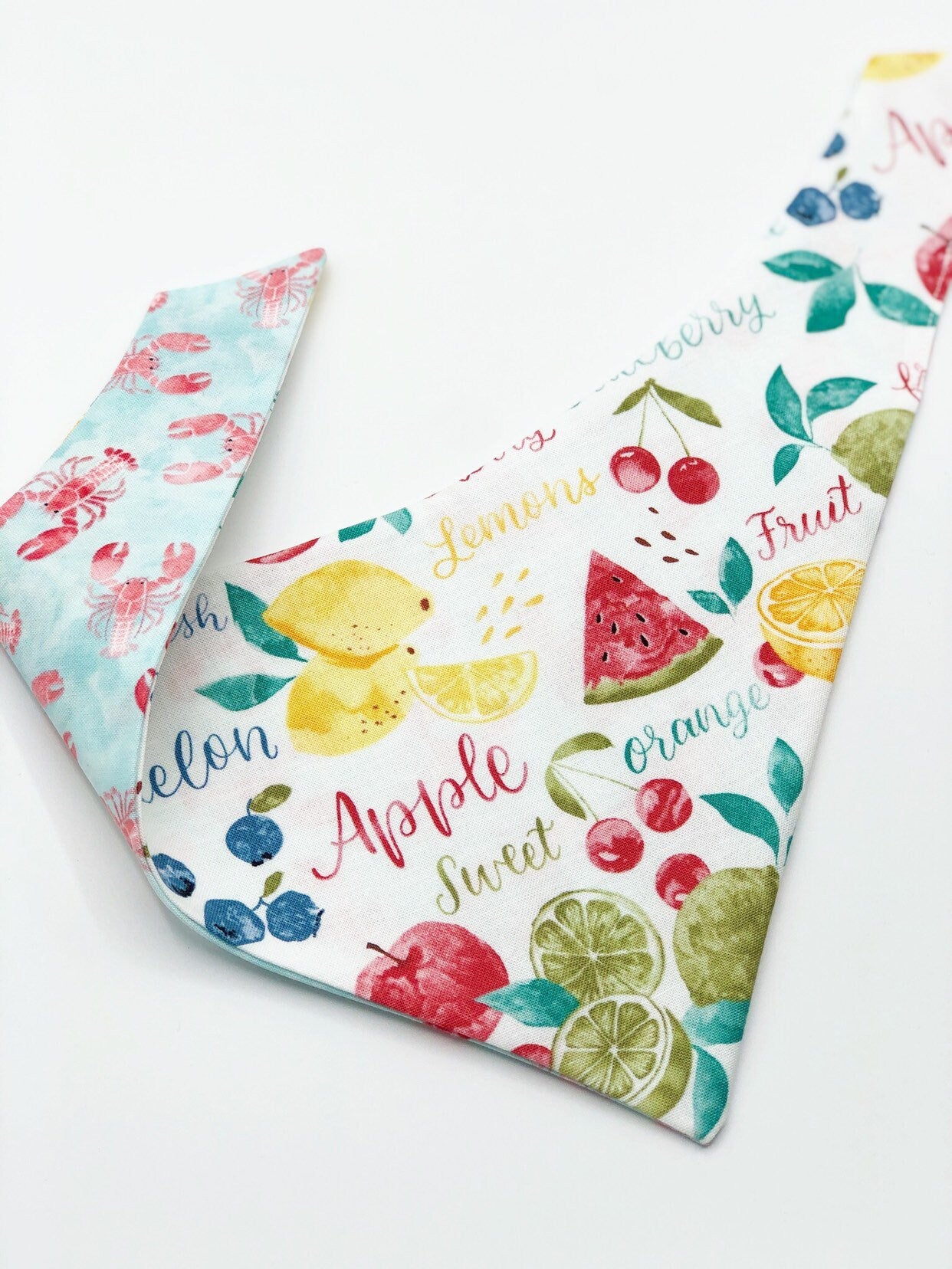 Reversible Fruit & Crab Dog Bandana, Snap or Tie Pet Scarf