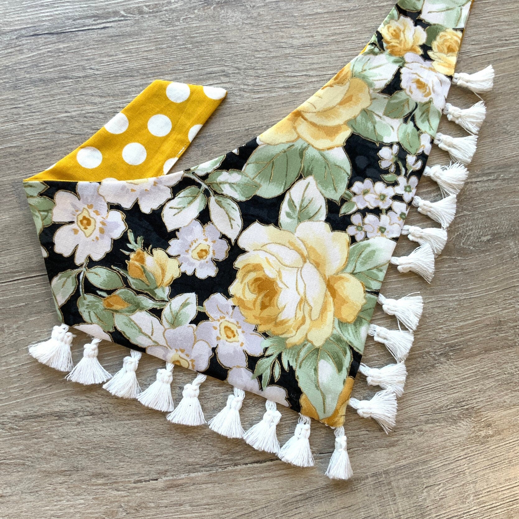 Reversible Dog Bandana, Yellow Floral & Polka Dot, Snap or Tie