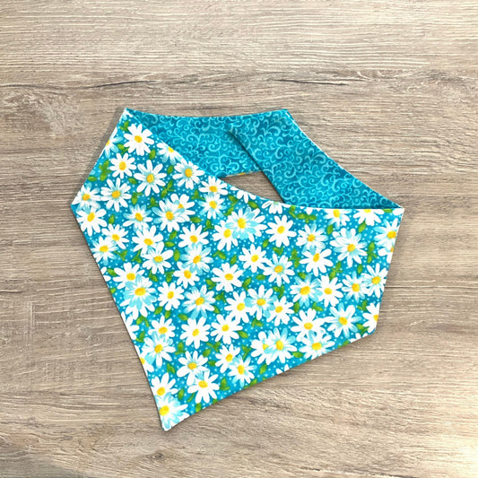 New! Daisy Flower Teal Dog Bandana, Pet Scarf, snaps on, tie on, Season bandana, Tassel bandana, pom pom bandana, pet bandana