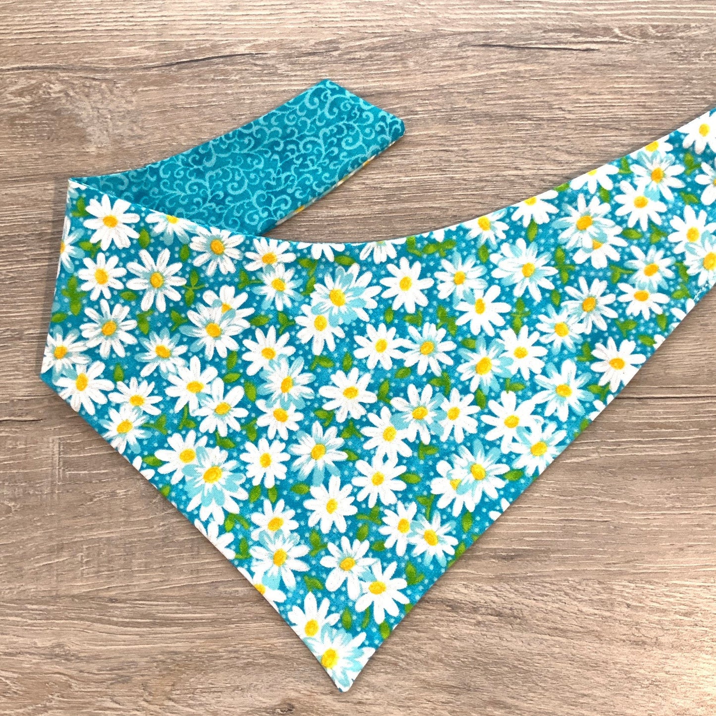 New! Daisy Flower Teal Dog Bandana, Pet Scarf, snaps on, tie on, Season bandana, Tassel bandana, pom pom bandana, pet bandana